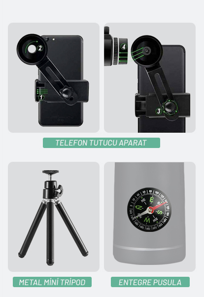 Heider HDX Monoscope, her yerde yönünüzü tayin edebileceğiniz yerleşik bir pusula ve uzun yıllar kullanabileceğiniz ve oldukça basit monte edilebilen bir telefon tutucu ile birlikte gelir. Bunlar ücretsizdir ve telefon aparatını istediğiniz zaman basitçe takıp çok uzak mesafelere cihazınızla zoom yapabilirsiniz. Ayrıca Heider HDX’te mini bir metal kaplama tripod ayak bulunur ve yine ücretsiz olarak sunulur.